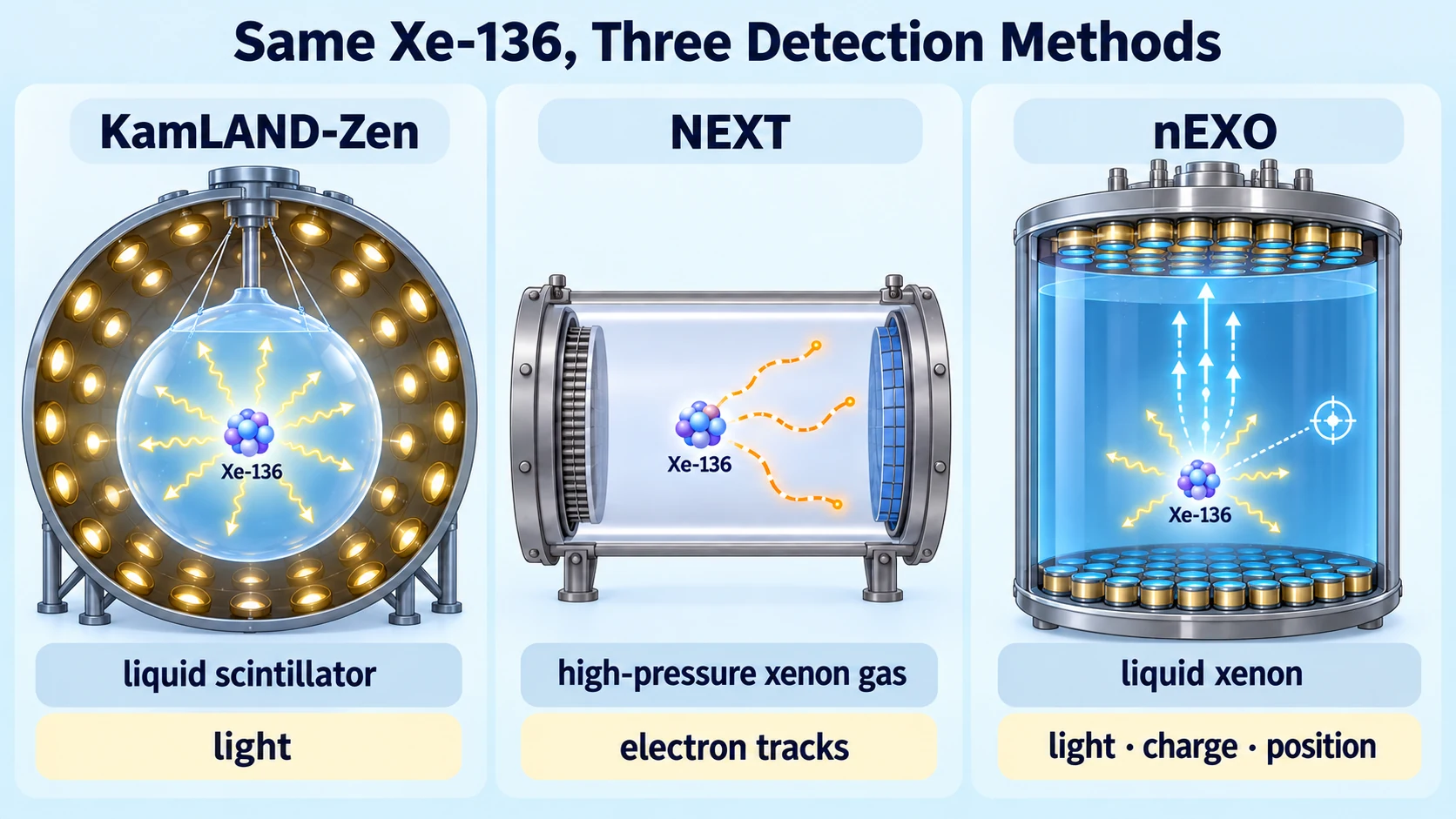 Tres métodos de detección con Xe-136: luz de centelleo en KamLAND-Zen, trazas electrónicas en NEXT y luz, carga y posición en nEXO