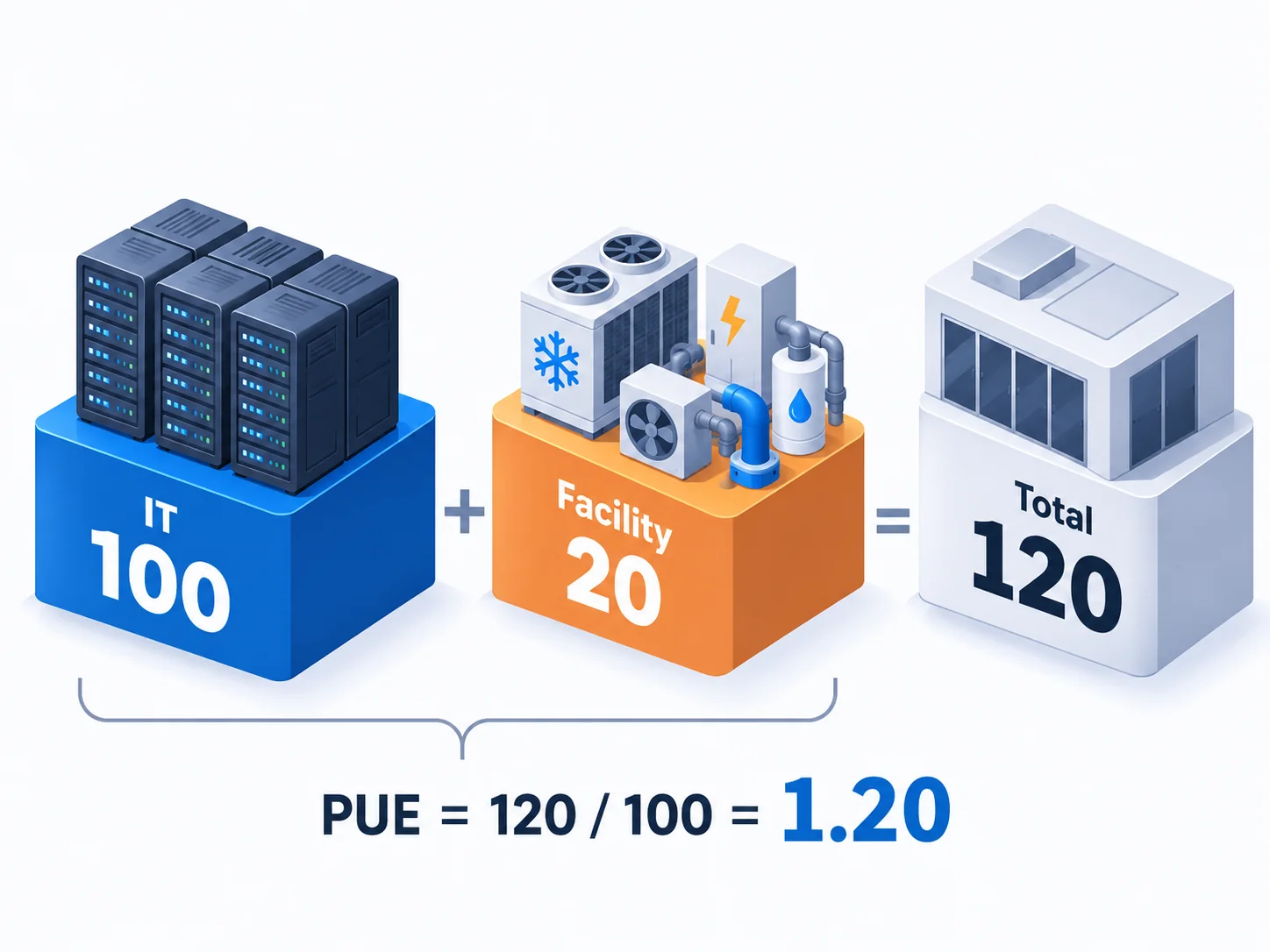 IT 100, 냉각과 전력 등 시설부하 20을 더해 총 120, PUE 1.20을 나타낸 아이소매트릭 계산도