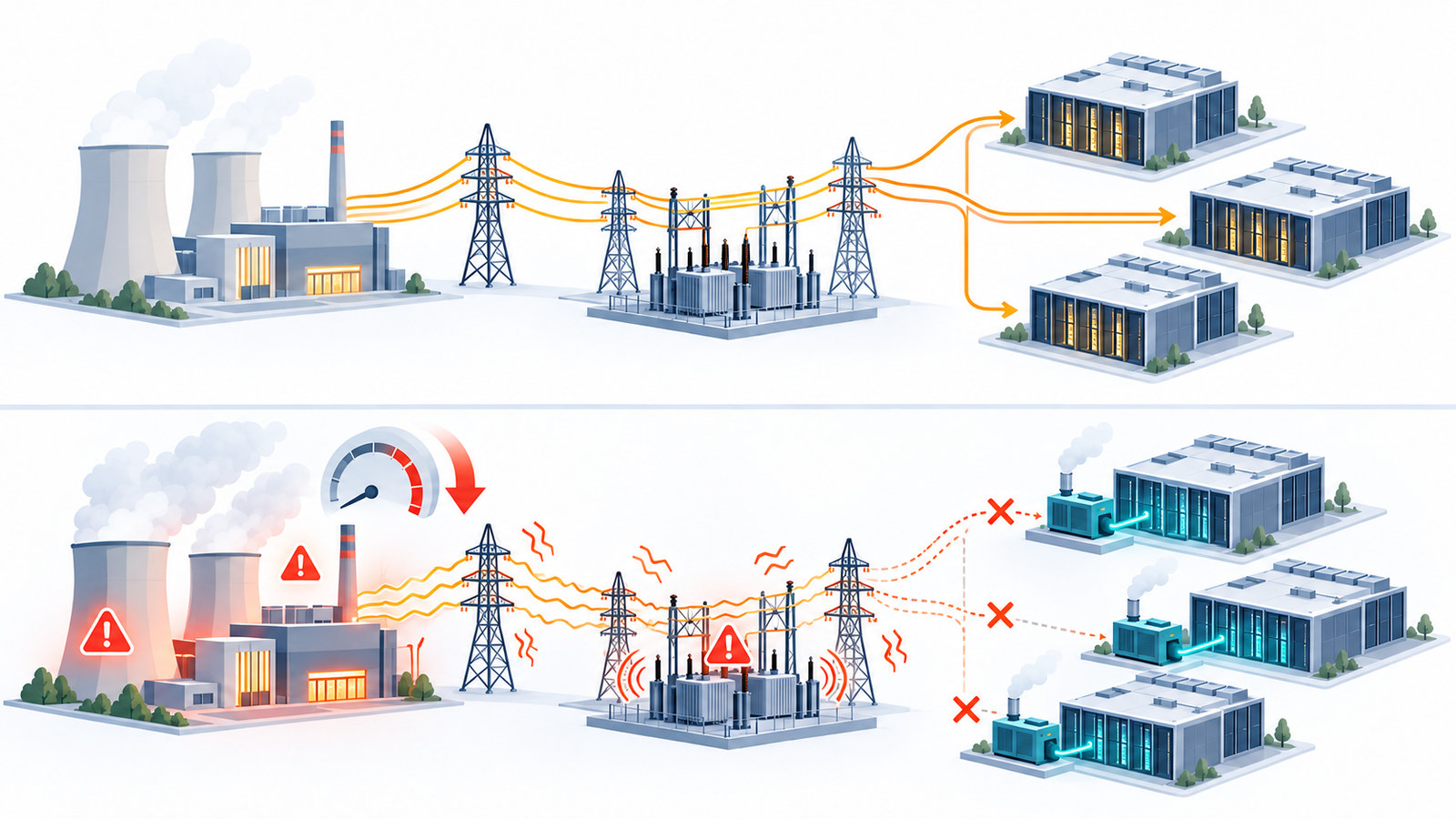 A power plant and data centers in normal operation contrasted with backup-power transfers, grid stress and generator adjustment after a fault