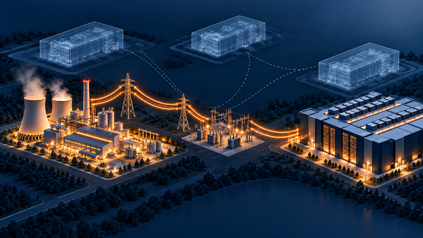 Conceptual illustration of a power station serving an operating data center while prospective unbuilt sites appear as transparent outlines
