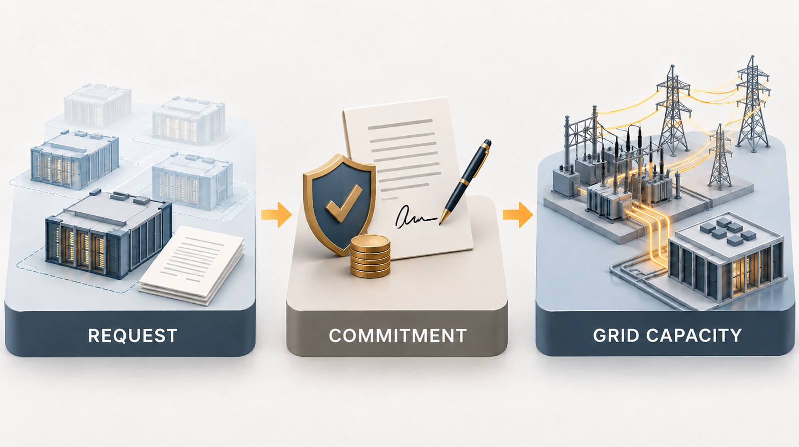 Three-part comparison of power requests, binding financial commitments and actual transmission-grid capacity