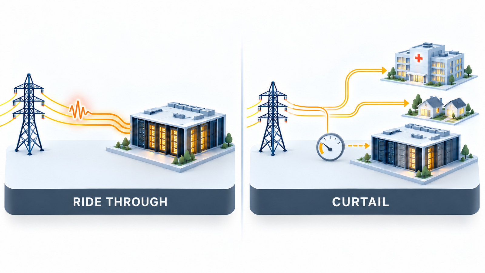 Two-panel comparison of a data center staying connected during a brief voltage disturbance and reducing demand during a shortage