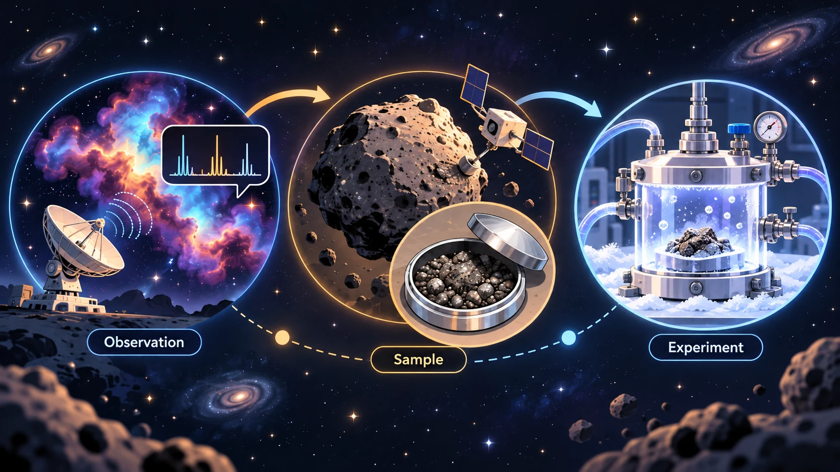 并列呈现星际分子云的射电观测、贝努返回样品和低温实验室模拟的概念图。