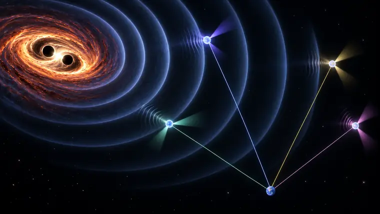 Diagrama conceptual de ondas gravitacionales de una binaria de agujeros negros supermasivos que afectan a púlsares en distintas posiciones y cuyos pulsos de radio llegan a la Tierra