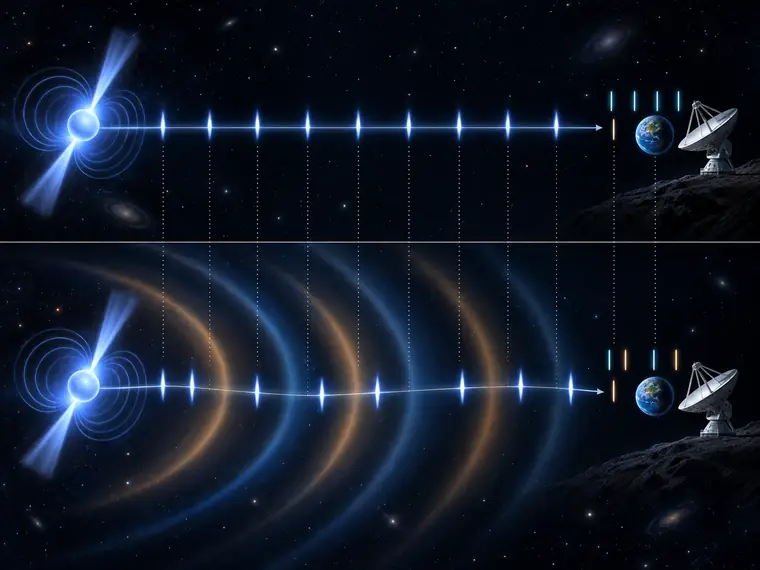 Diagrama conceptual en el que los pulsos de radio regulares de un púlsar llegan ligeramente antes o después bajo la influencia de una onda gravitacional de periodo largo