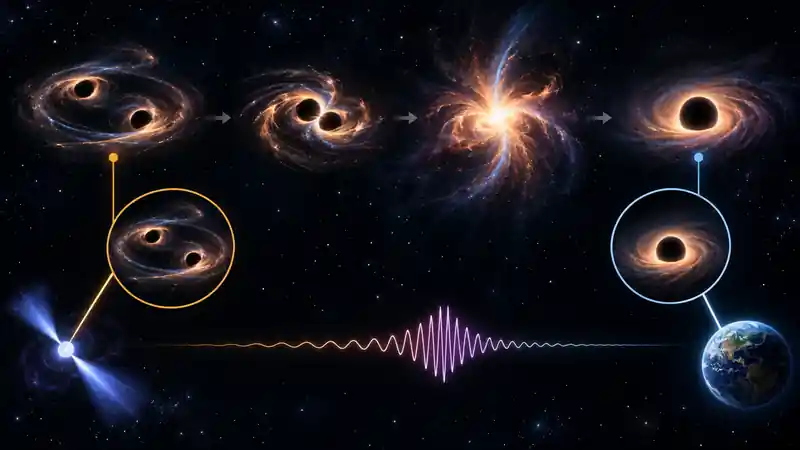 Diagrama temporal conceptual en el que el término del púlsar muestra una etapa anterior a la fusión de la misma binaria de agujeros negros supermasivos y el término terrestre corresponde a un estado posterior más reciente